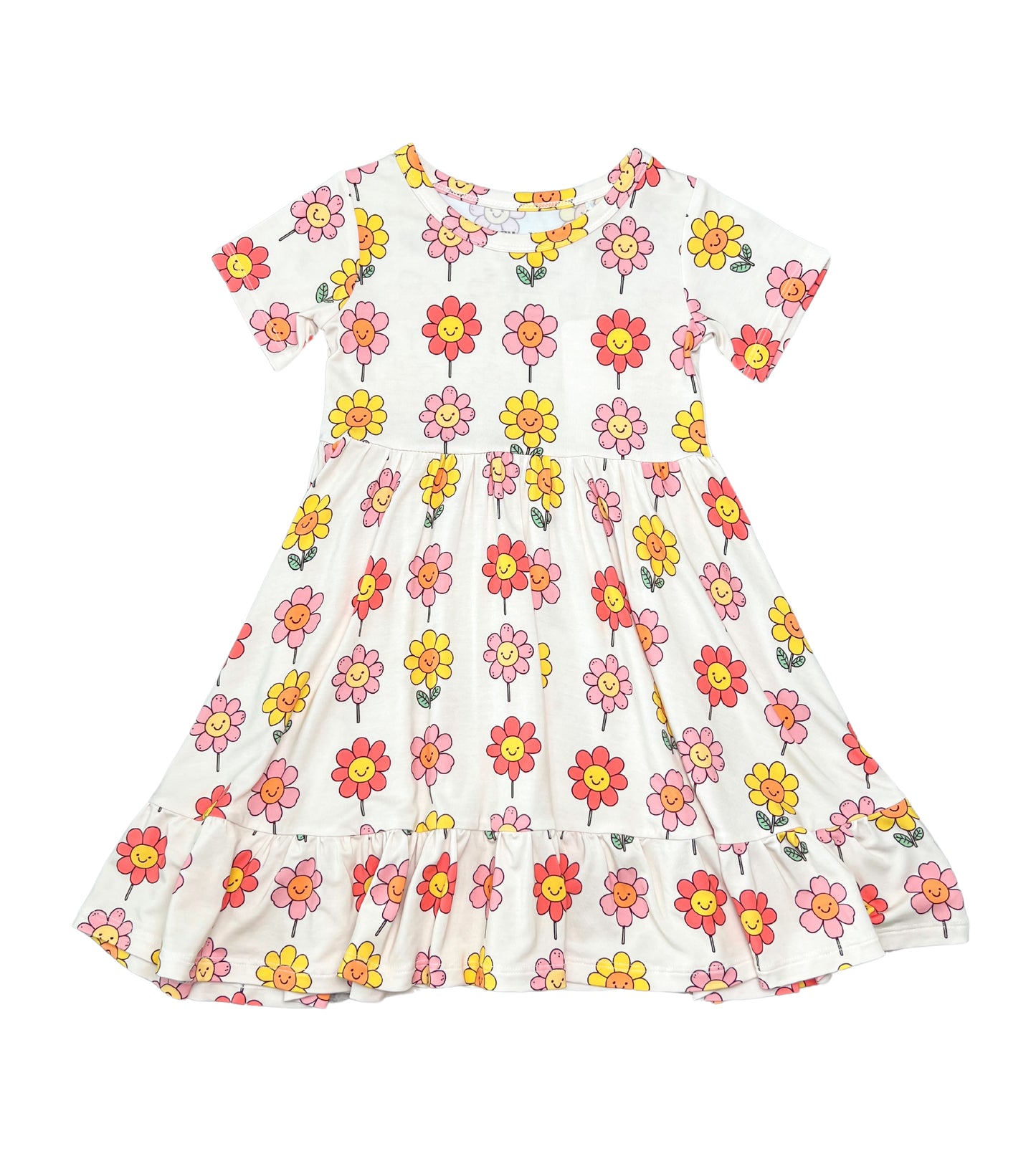 Soft bamboo twirl dress with a fun smiling daisy print, perfect for toddlers and kids who love to play and twirl.