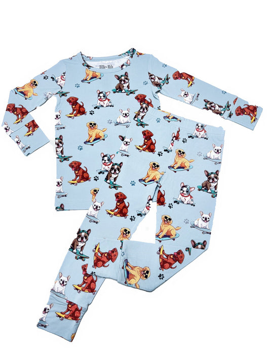 Adorable toddler and kid bamboo pajamas featuring a playful dog print, perfect for cozy nights and sweet dreams!