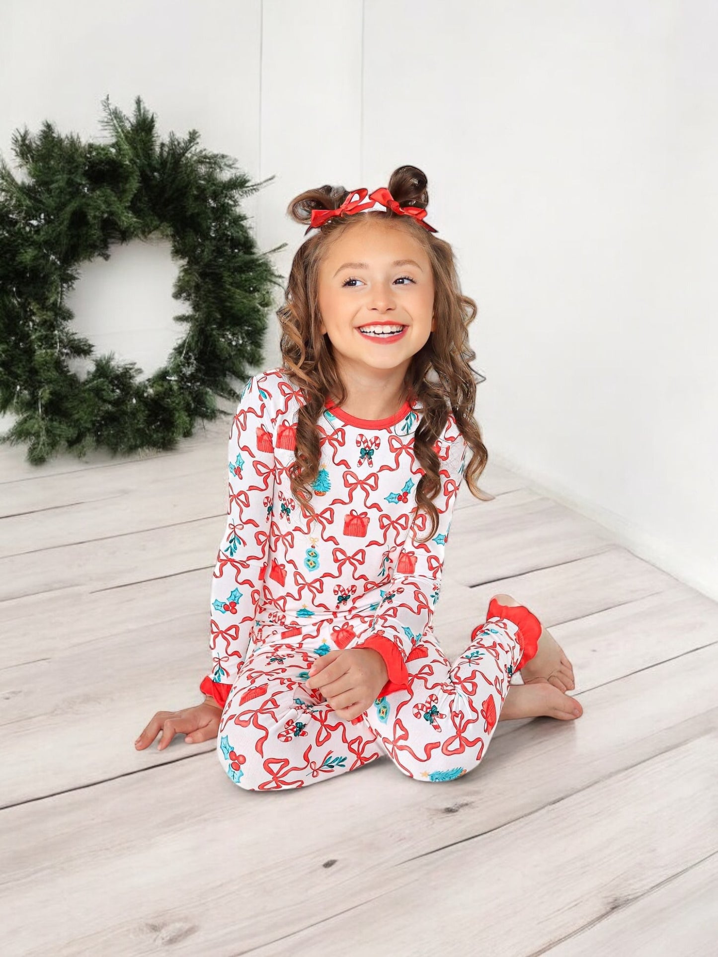 Soft and cozy Christmas bamboo pajamas featuring a bow print.