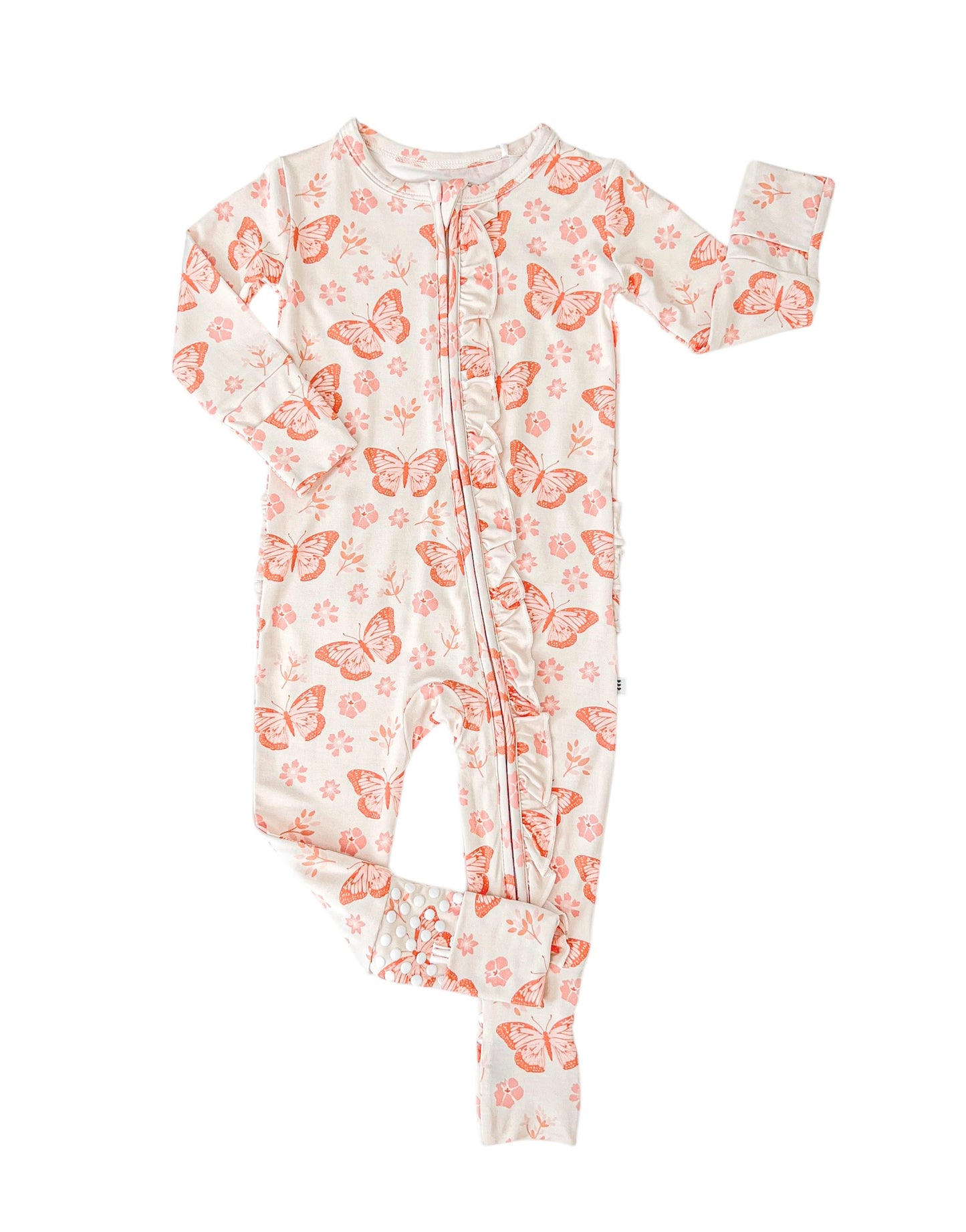 Cozy baby bamboo footie with butterfly  and floral detail. 