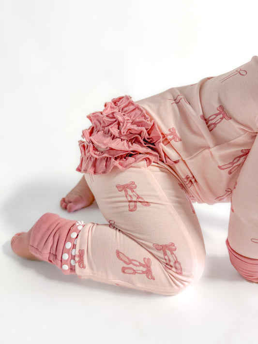 Ballet and bow print bamboo sleeper with ruffles on baby girl