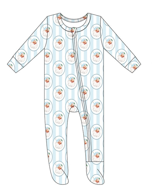 Vintage santa print on blue stripes bamboo footie