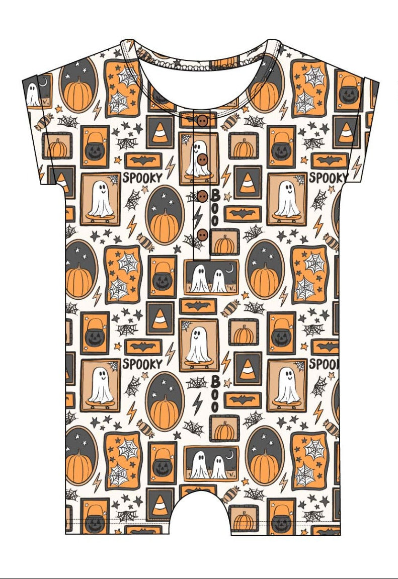 Bamboo shortie with Halloween-themed pattern on a white background