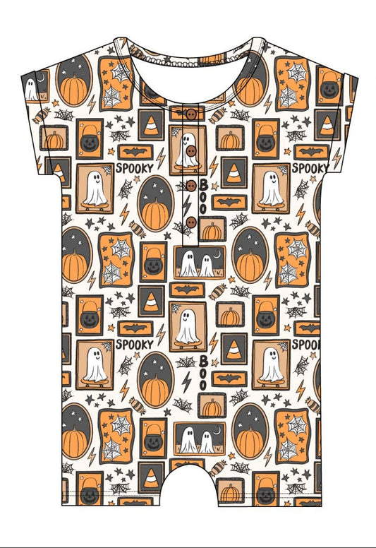 Bamboo shortie with Halloween-themed pattern on a white background