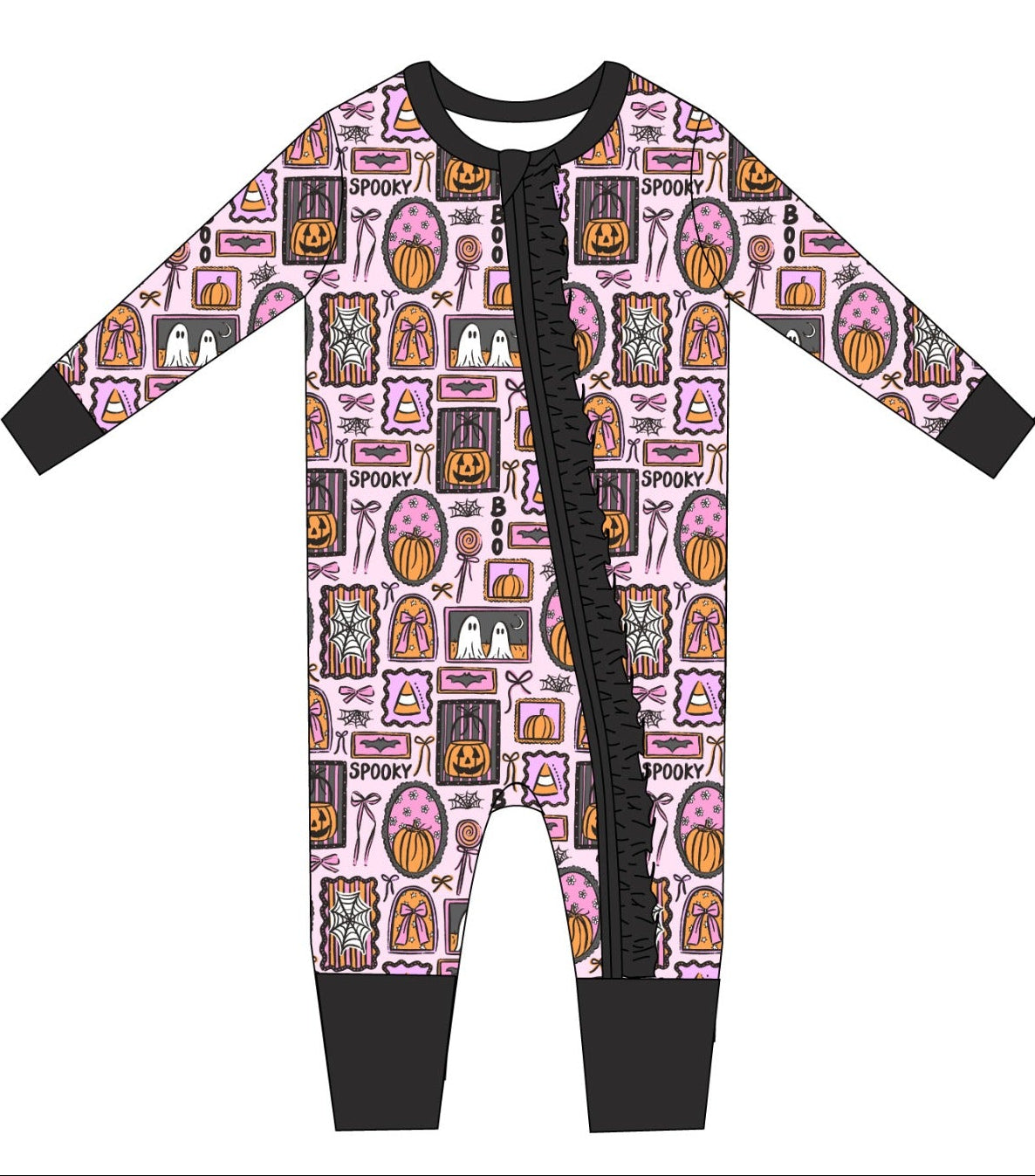 Pink and black halloween baby bamboo zippy. Featuring pumpkins and bows.