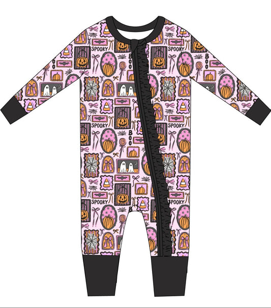 Pink and black halloween baby bamboo zippy. Featuring pumpkins and bows.