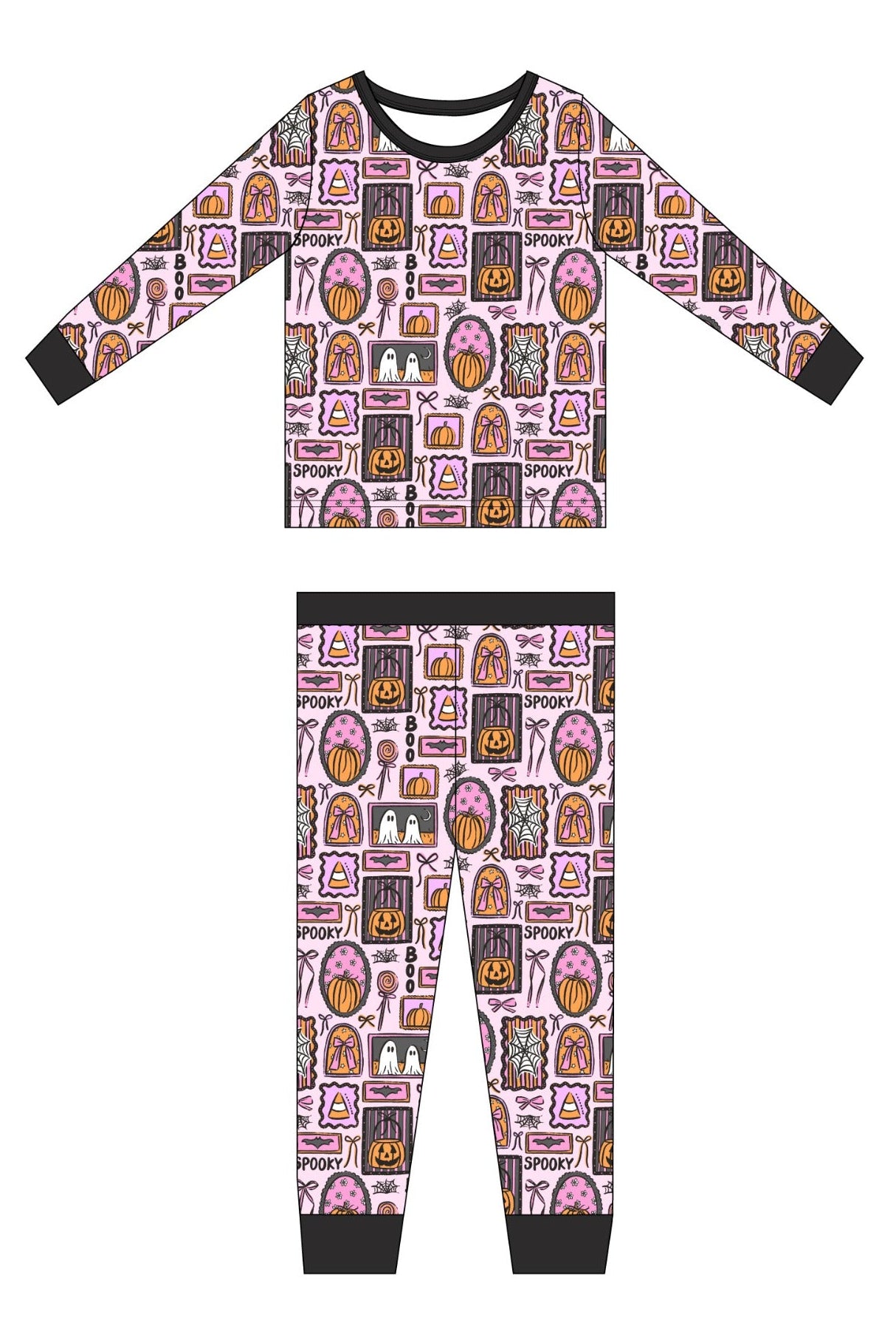Children's pajama set with Halloween-themed pattern on a white background