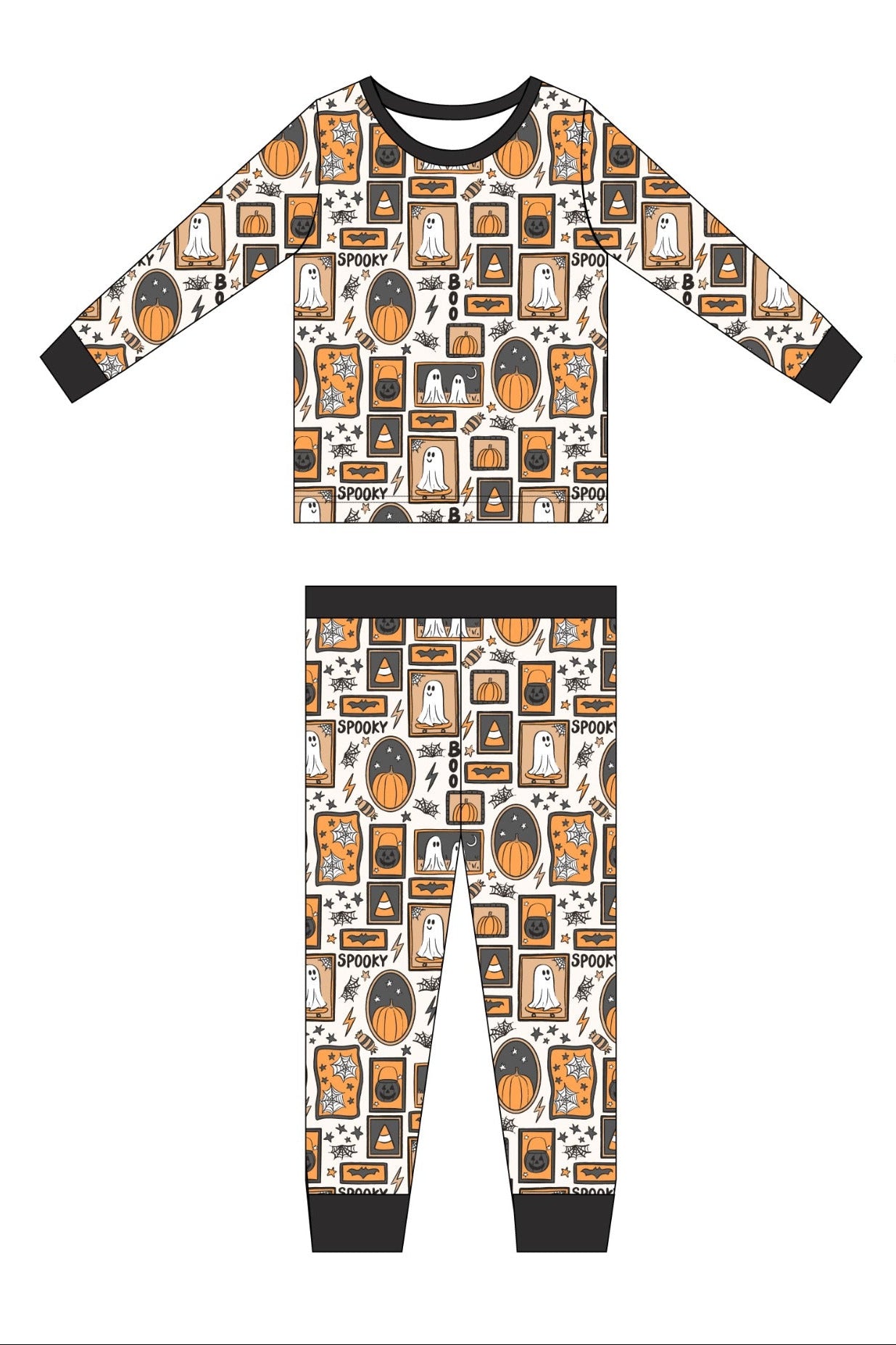 Children's pajama set with Halloween-themed pattern on a white background