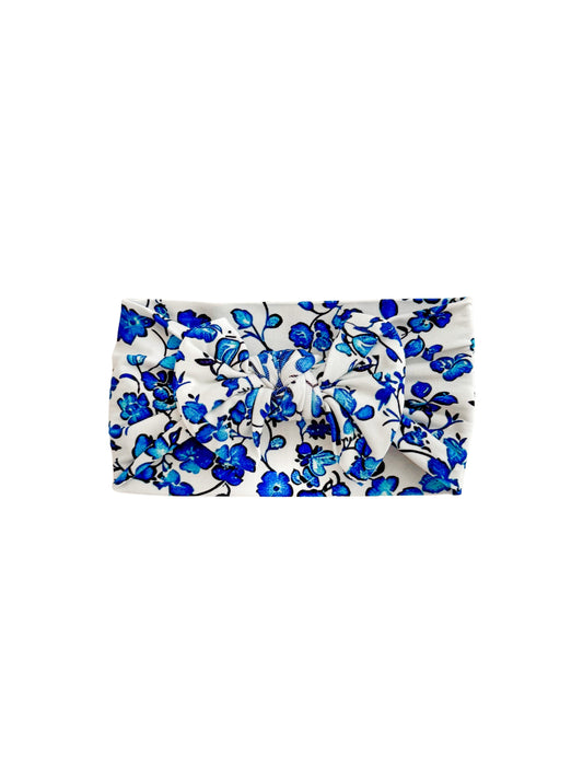 Blue floral newborn knot bow headband. 