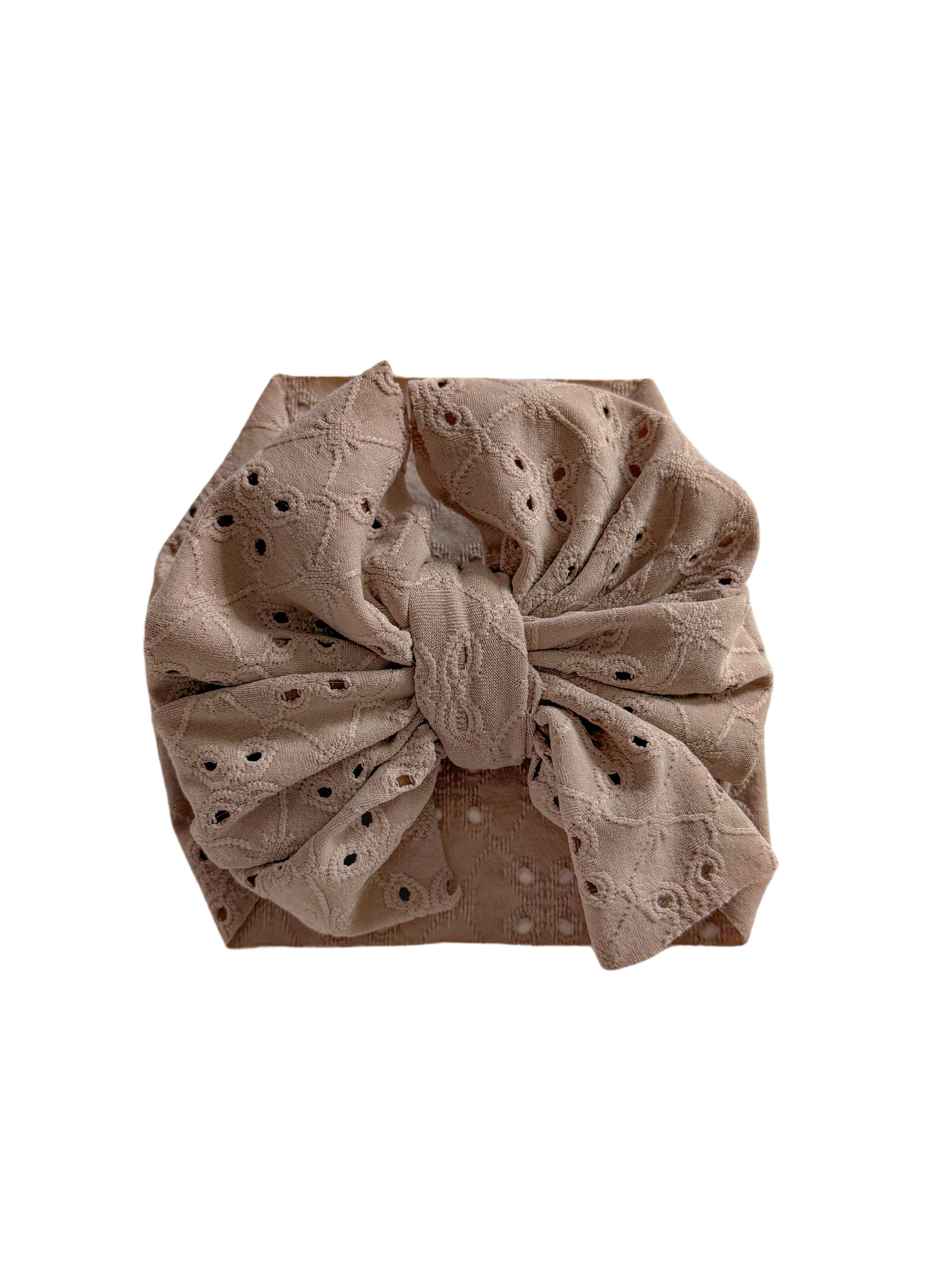 Taupe eyelet headwrap bow for baby girl 