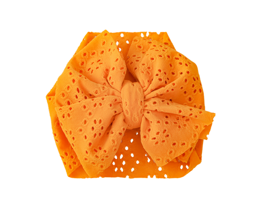 Elle & Mily mustard eyelet baby headwrap bow, pre-tied and adjustable