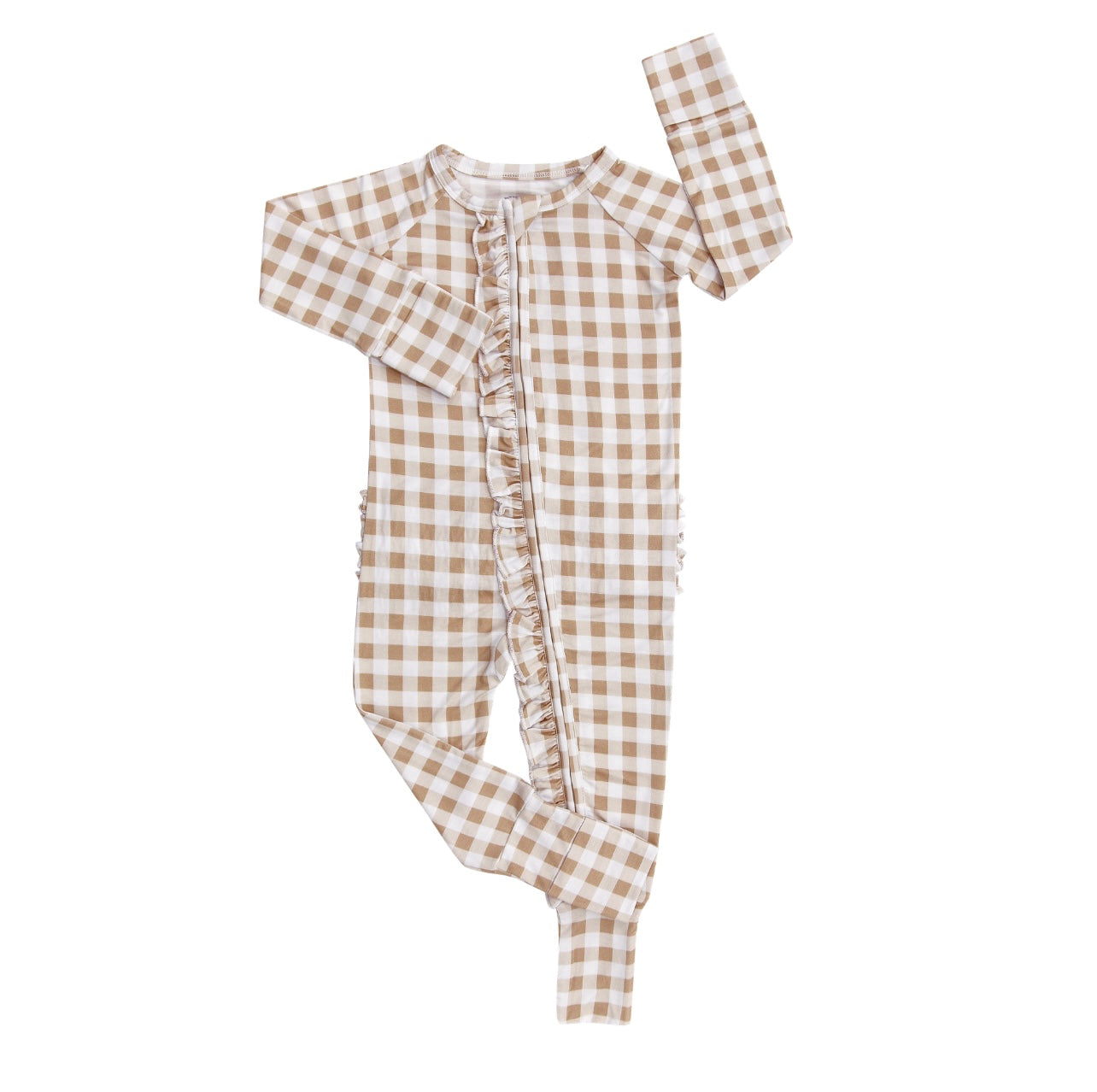 Beige Gingham Ruffle Zip Romper - Elle & Mily