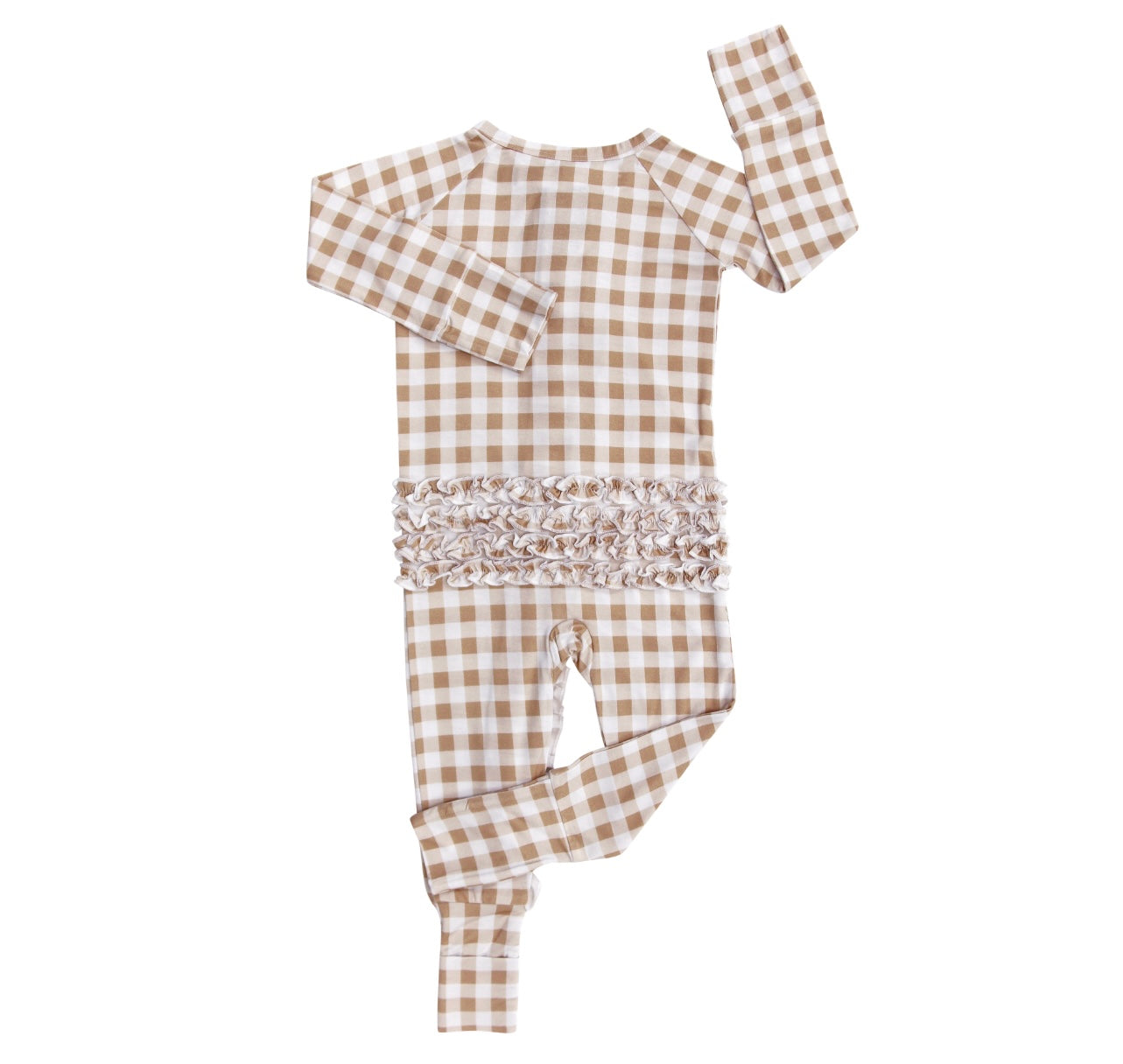 Beige Gingham Ruffle Zip Romper - Elle & Mily